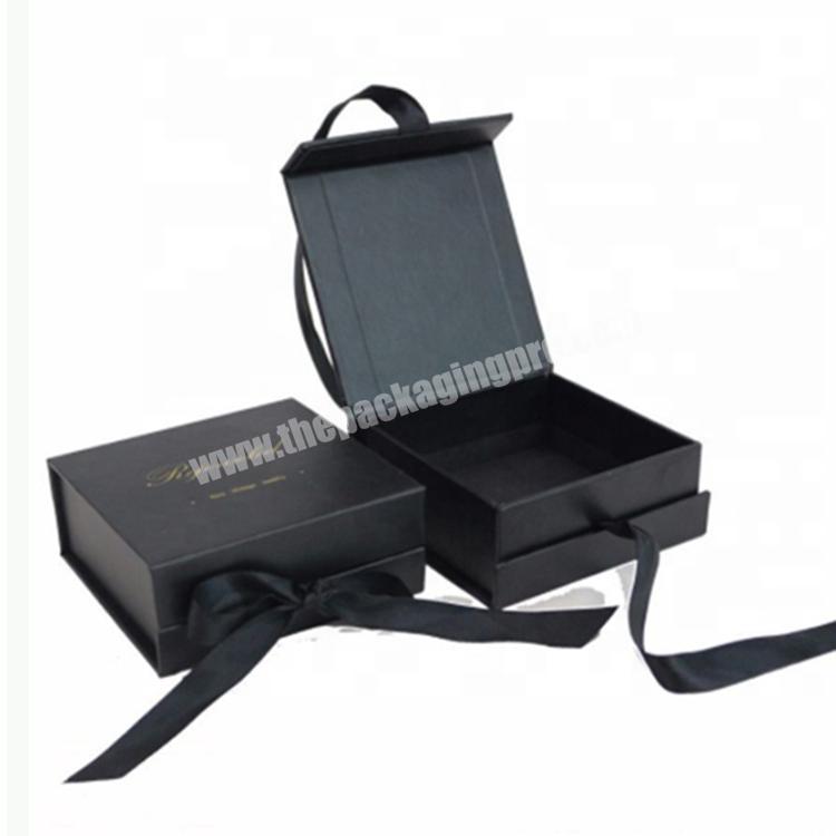 custom logo luxury black cardboard foldable gift box with ribbon packaging