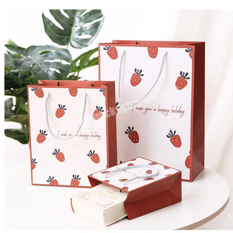 Custom Logo Nice Strawberry Pattern Printed Infant & Toddlers Gift Packaging Bag Baby Clothes Paper Shopping Bags For Clothing