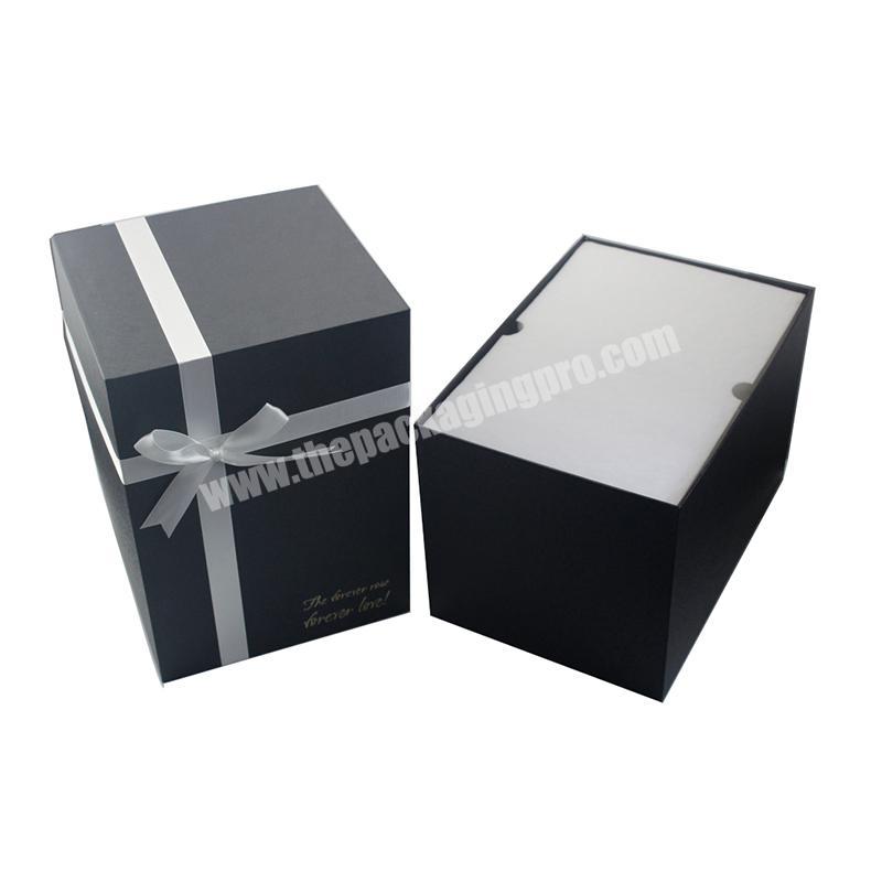 Custom Logo Printed Black Luxury lid and base Packaging Gift Box with ribbon closure