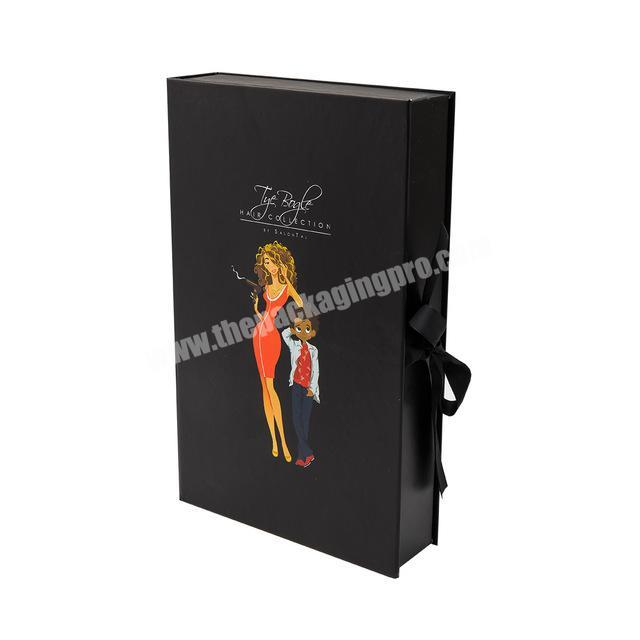 Custom logo printed black packing box with magnetic and ribbon packaging for hair extension