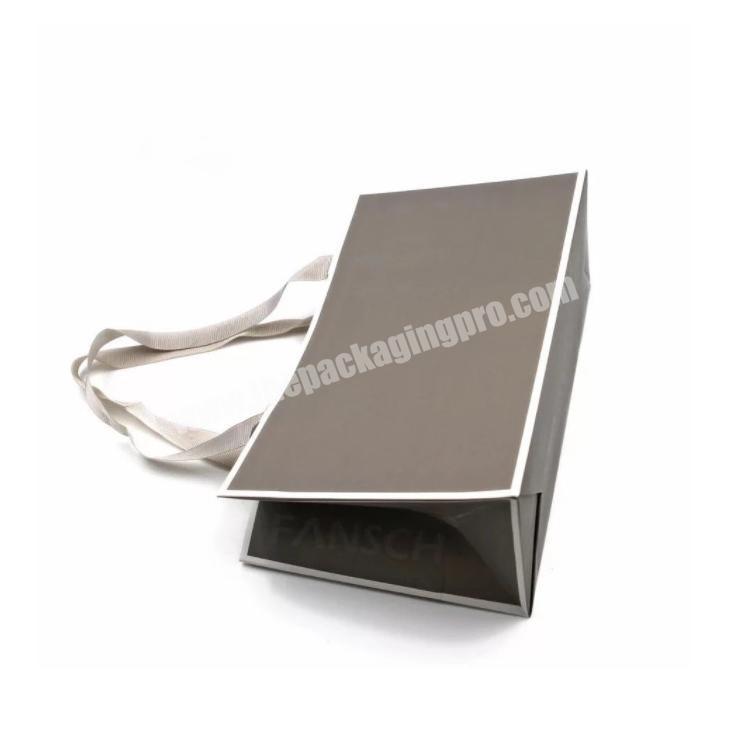 Custom Logo Printed Matt Laminated gray Paper Shopping Bag With Grosgrain Ribbon Handle