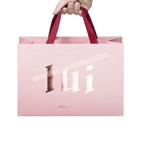 Custom Logo Printed Matt Laminated Pink Paper Shopping Bag With Ribbon Handle