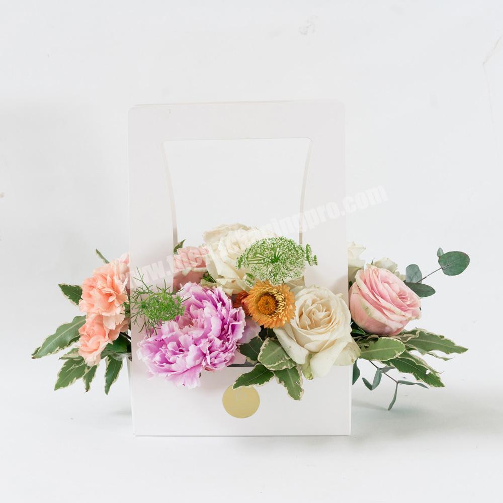 Custom logo printing hand carried paper flower basket gift box with handle