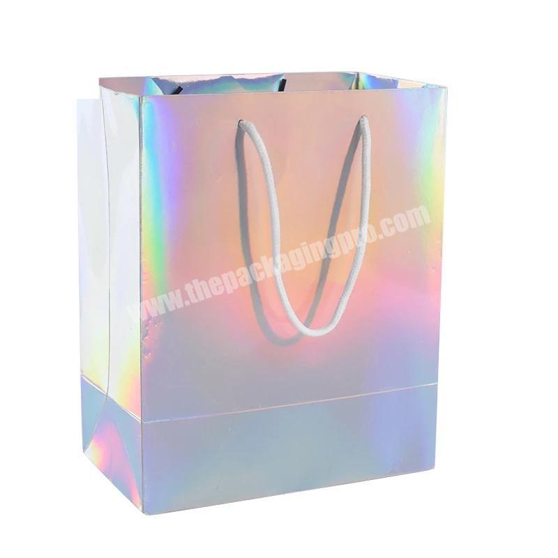 Custom Logo Printing Large Advertising Glitter Hologram Silver Foil Medium Premium Holographic Gift Packaging Paper Bag