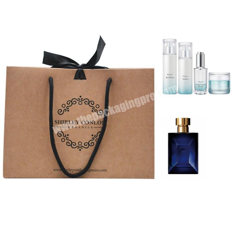 Custom logo printing packaging perfume kraft paper shopping bag skin care set paper bag with cotton rope handle for clothing