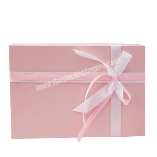 Custom Logo Recyclable Pink Paper Packaging Gift Box with White Ribbon Bow
