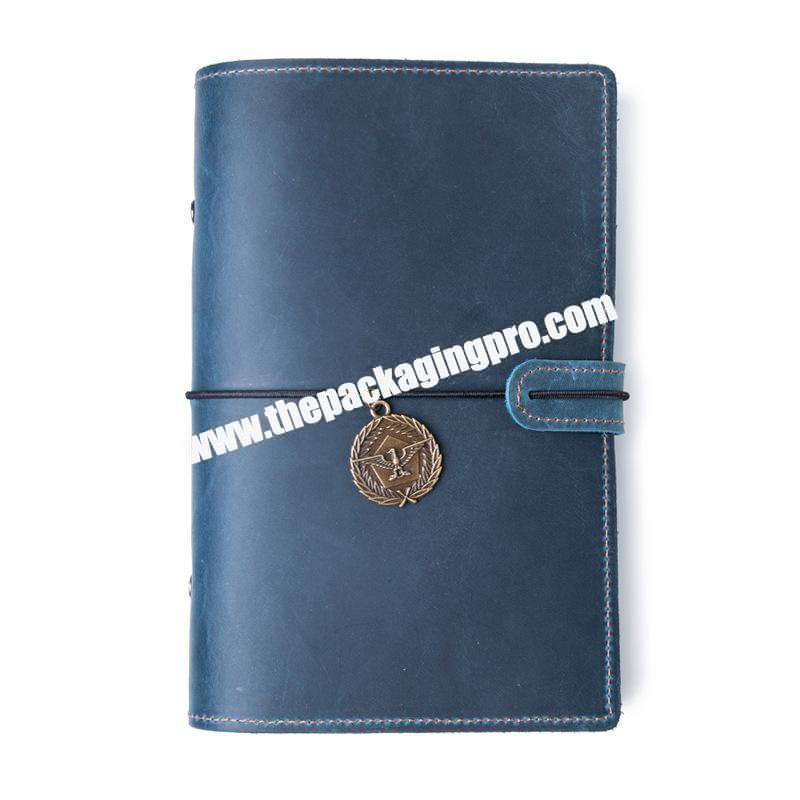 Custom Luxury Dark Blue Brown Genuine Leather Vintage Journal Fancy Organizer Agenda With Refillable Booklet Card Holder Pocket