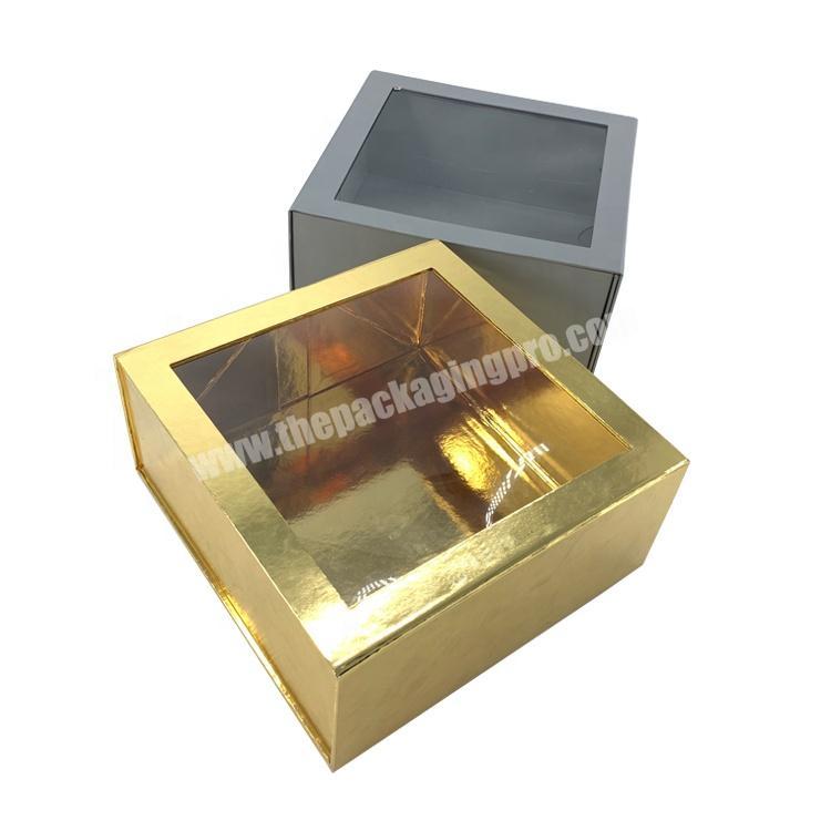 Custom luxury gold magnet folding cardboard gift box with transparent PVC window