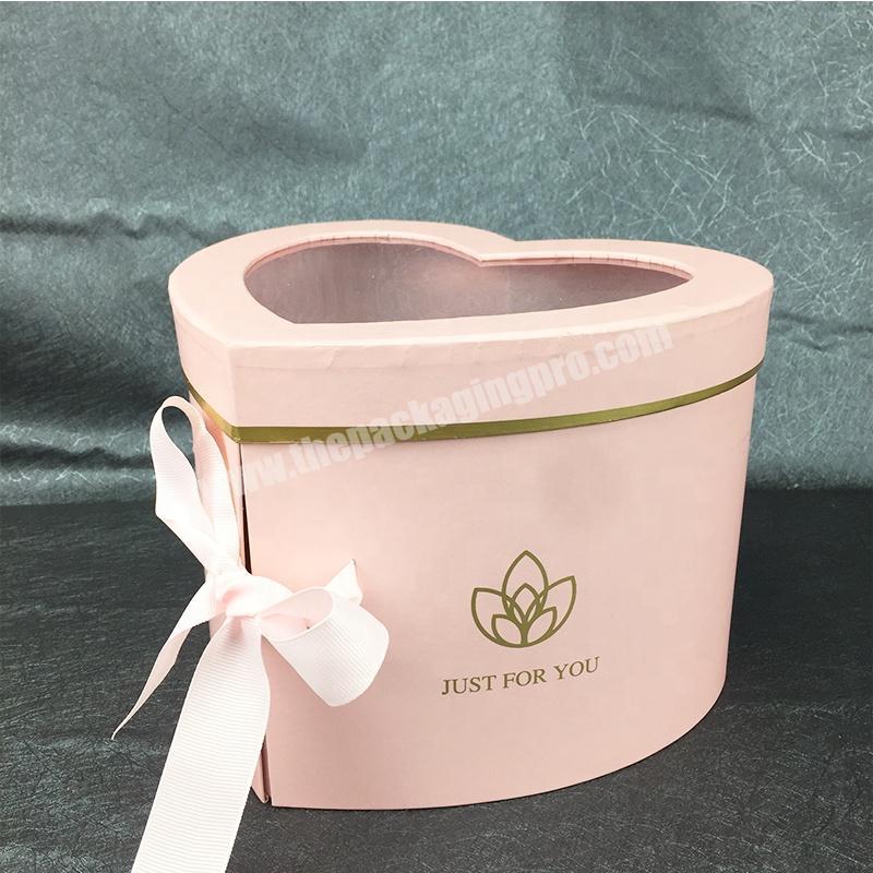 Factory Custom Luxury Heart Shape Pink Paper Cardboard Flower Packaging Box Rotating Flower Box With Ribbon Tie