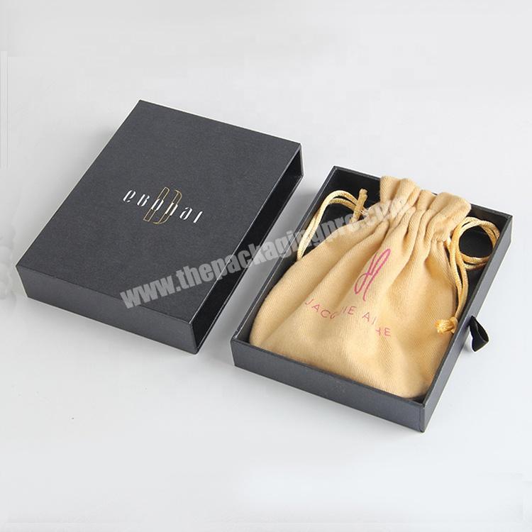 custom luxury modern black card jewelry packaging box and pouch set