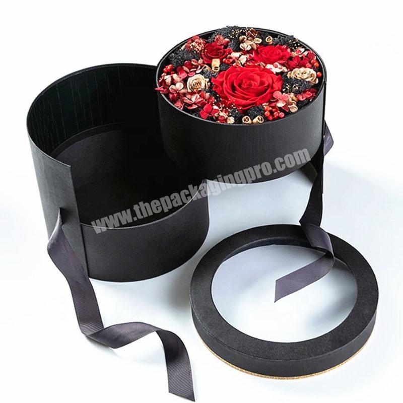 Custom Luxury Round Shape Double Layer Rose Flower  Packaging Box With Ribbon