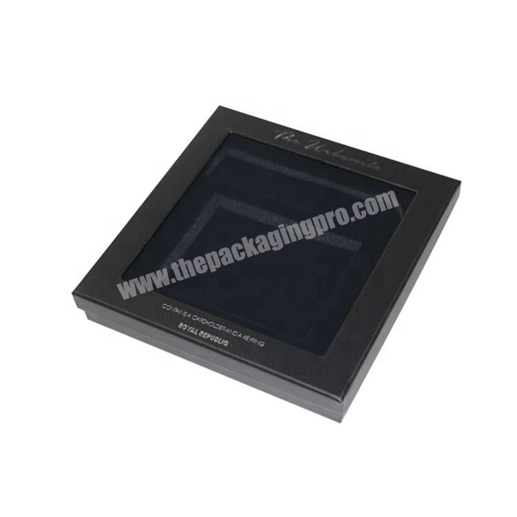 custom made cardboard black paper gift packing box with clear window and lid