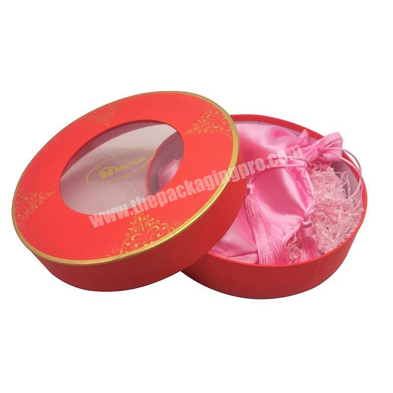Custom made gold foiling round shape hair extension packaging box with lid and satin bags