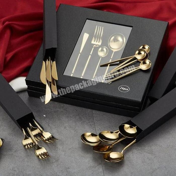 Supplier Custom matte black cardboard gift box packaging with EVA Foam inset For Tableware cutlery chopsticks spoon knife fork packaging