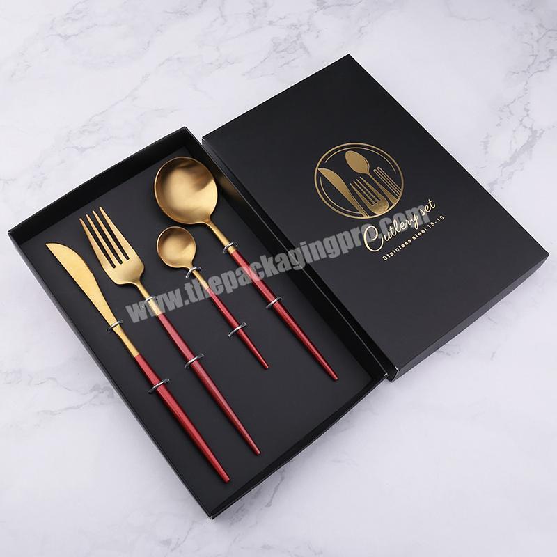 Factory Custom matte black cardboard gift box packaging with EVA Foam inset For Tableware cutlery chopsticks spoon knife fork packaging