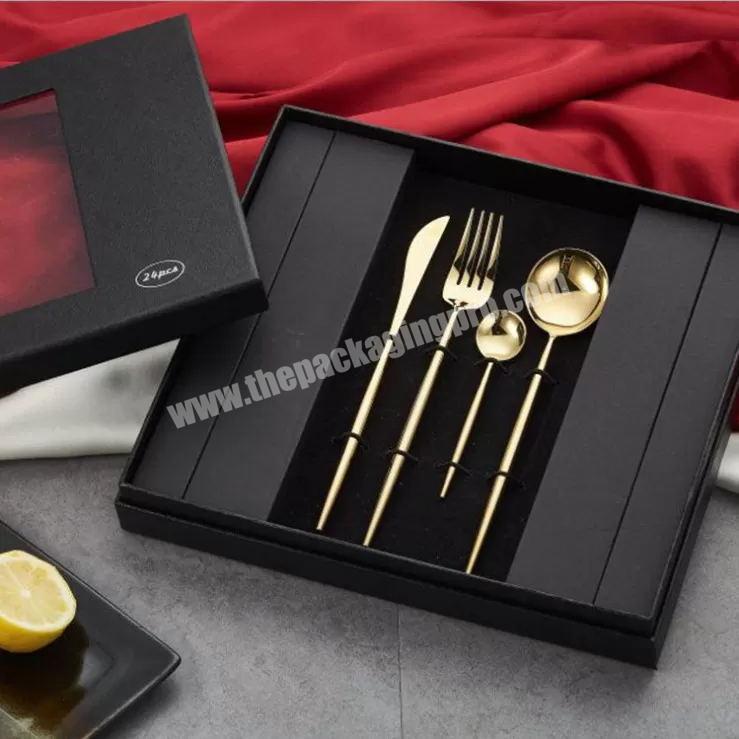 Shop Custom matte black cardboard gift box packaging with EVA Foam inset For Tableware cutlery chopsticks spoon knife fork packaging