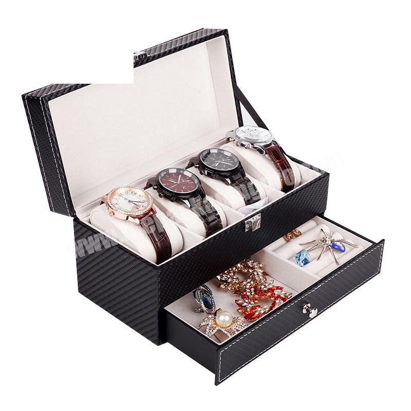 Custom necklace ring breastpin storage display box wholesale 4 slots Carbon fiber double-deck jewellery watch box