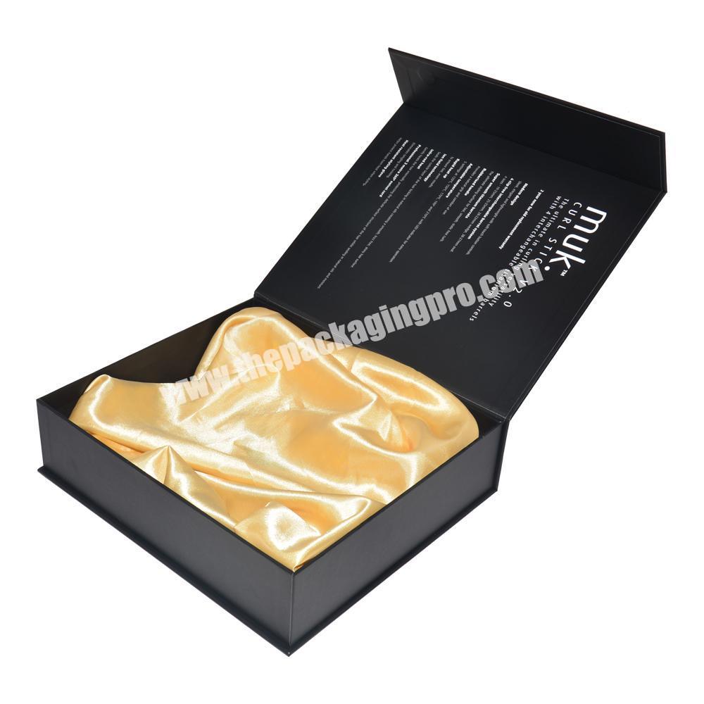 Custom Order Black Magnetic Weave Hair Packaging Virgin Hair Extension Box with Gold Satin Holder Wholesale