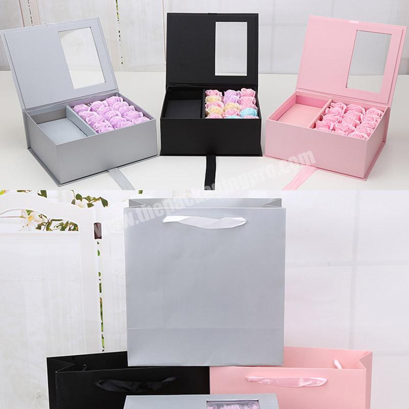 Custom pink black gray rectangle folding flower magnetic ribbon gift box