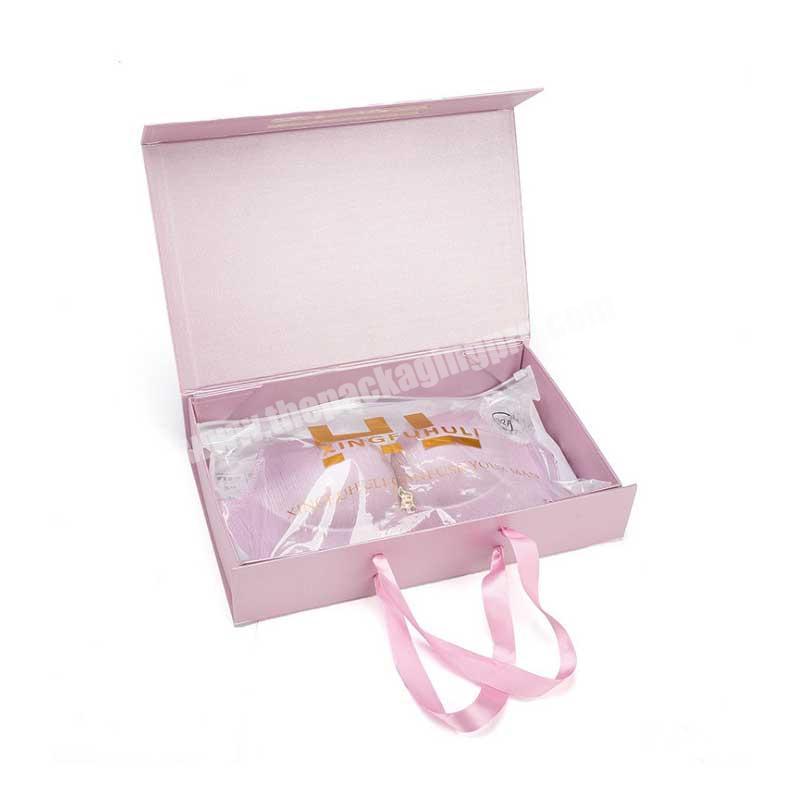 Custom pink rigid cardboard magnetic packing gift box with handle ribbon