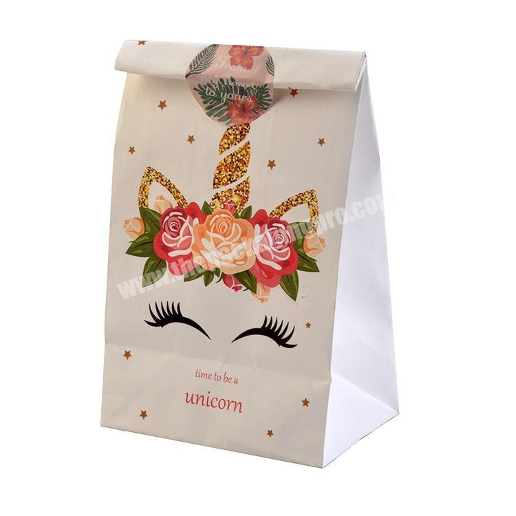 Custom print biodegradable paper bread bag,take away brown white paper food bag with unicorn design