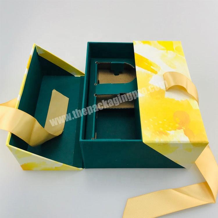 custom print double door ribbon fasten skin care box with paper inlay cosmetic packaging