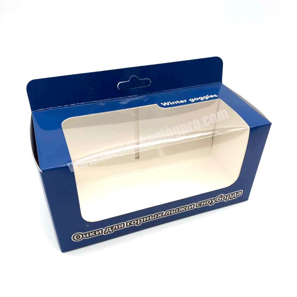 Custom printed blue winter goggles sunglasses box packaging with pvc window
