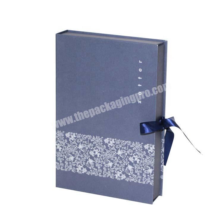 Custom printed book shaped luxury cardboard blue magnetic gift box with ribbon
