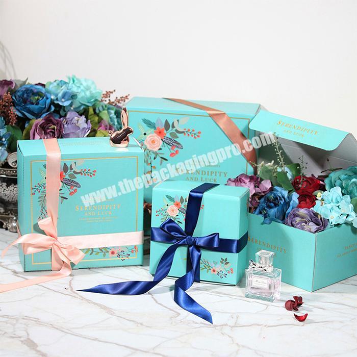 Custom printed corrugated cosmetic perfume flower packing boxes with ribbon