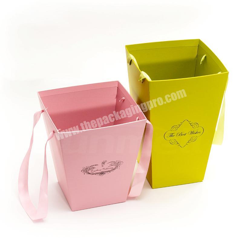 custom printed flower box bucket with satin silk ribbon handle
