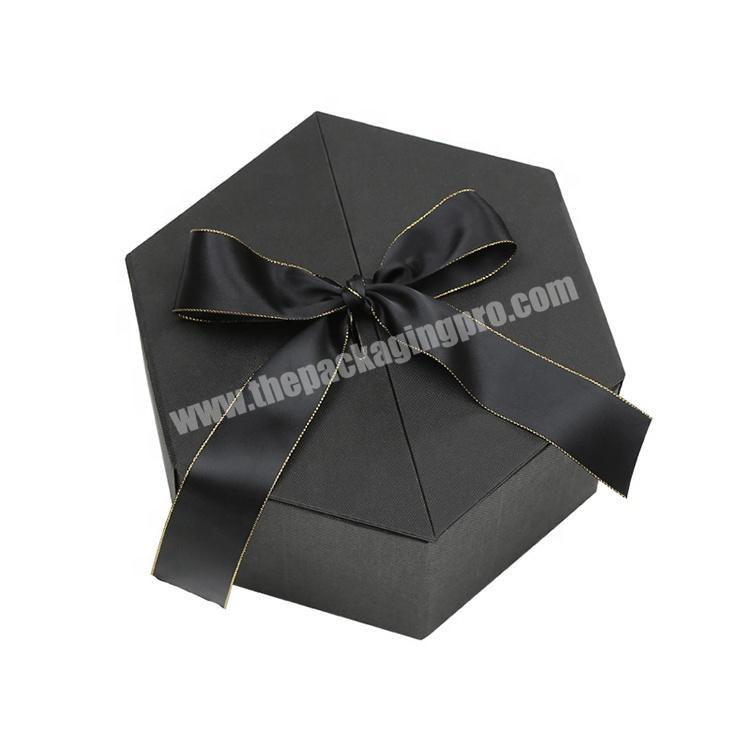 Custom printed luxury birthday hexagonal gift packaging paper box with ribbon closure