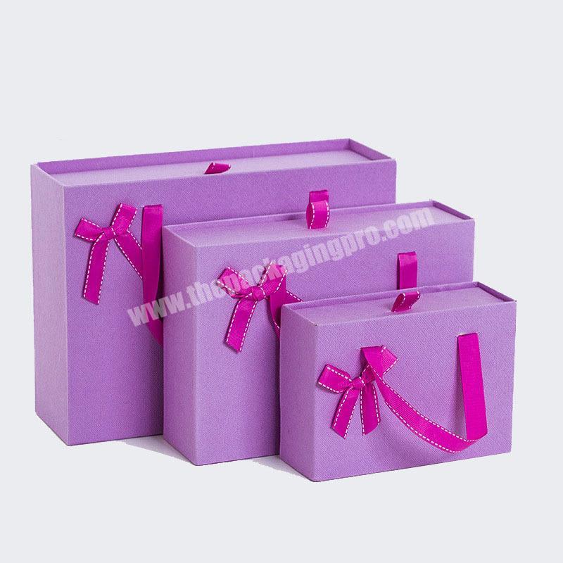 Custom printed paper cardboard wedding jewelry favor gift packaging drawer box with ribbon handle and bag