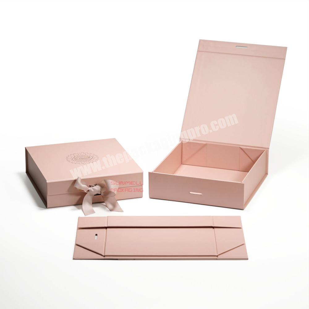 custom printed premium pink cardboard packaging folding magnetic closure apparel gift box with changeable or fixed ribbon