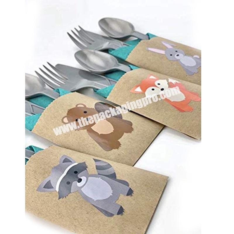 Custom Printed Small Empty paper Packaging bag with woodland animals pictures printed for tableware