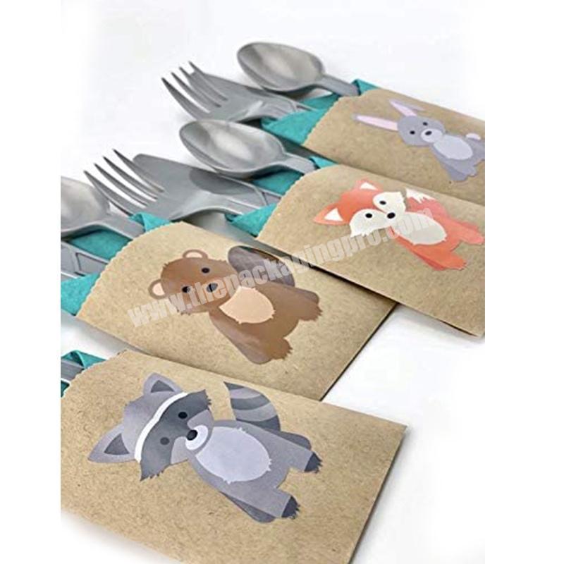 Custom Printed Small Empty paper Packaging bag with woodland animals pictures printed for tableware