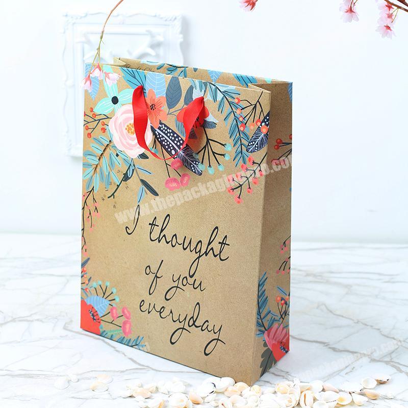 custom printed Square Brown Kraft Paper Bags Flowers Gift Bags With Ribbon Handles