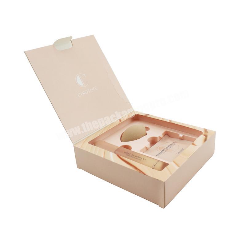 Custom printing recyclable fancy powder puff box with plastic inserts  folded beauty blender cosmetic sample packaging box