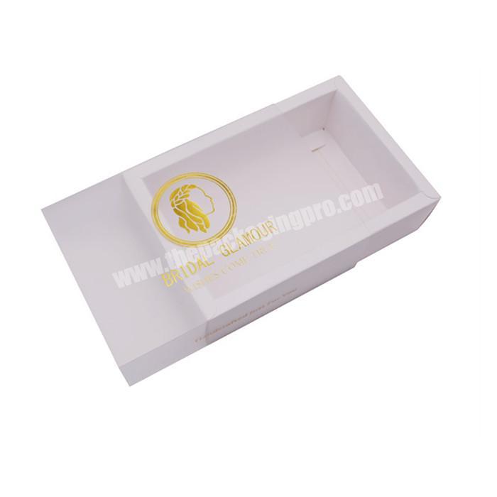 Custom printing storage white box packaging hair extension foldable slide drawer with clear sleeve for clothing