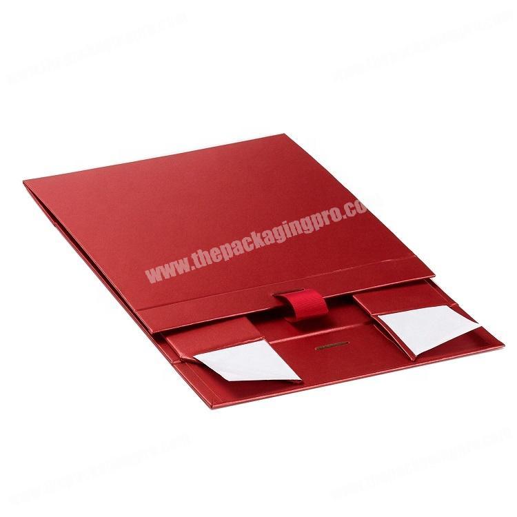 Custom Red Fancy Paper High Quality Rigid Flat Magnetic Packaging Box With Ribbon