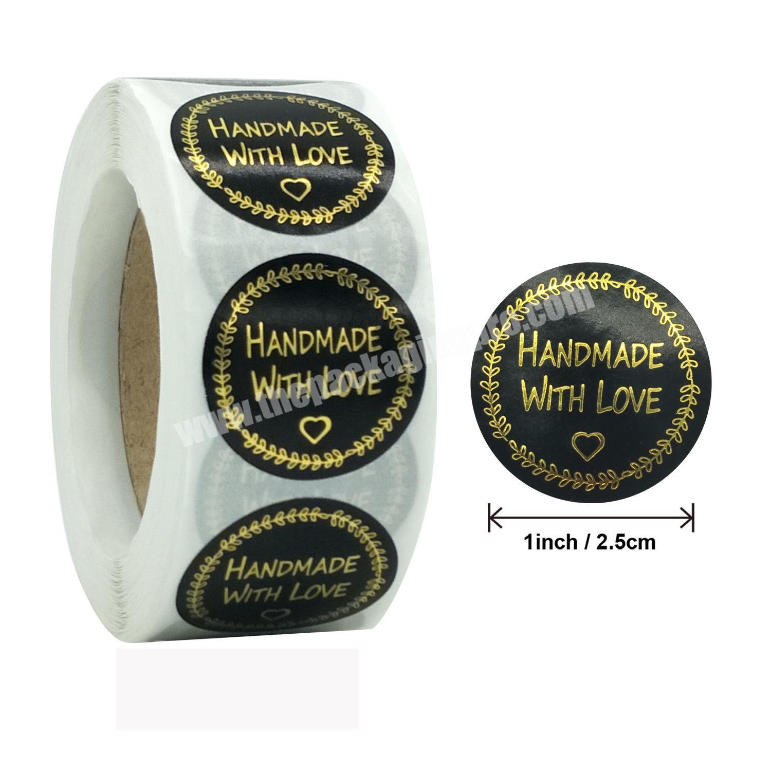 Custom Self Adhesive Kraft Paper Seal Labels Handmade with Love Stickers for Product Packing with Gold Foil Printing