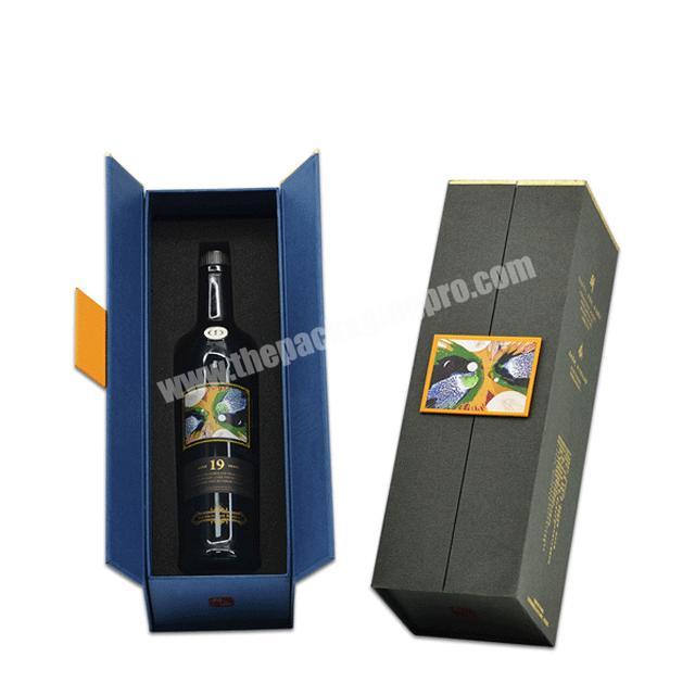 Custom Single Bottle Two Door Open Luxury Gold Cardboard Paper Gift Packaging Magnetic Wine Box