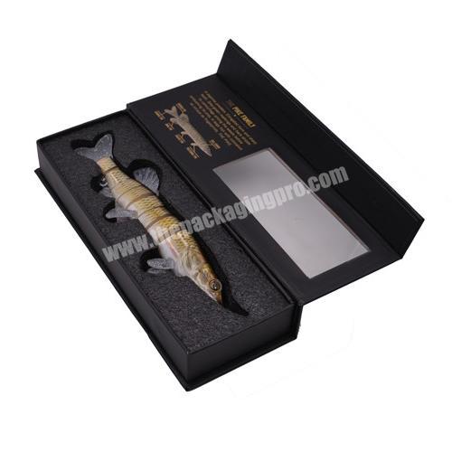 Custom Size Logo Black Magnetic Closure Paper Packaging Gift Box with Window Cardboard Book Shaped Maliers Box with Foam Insert