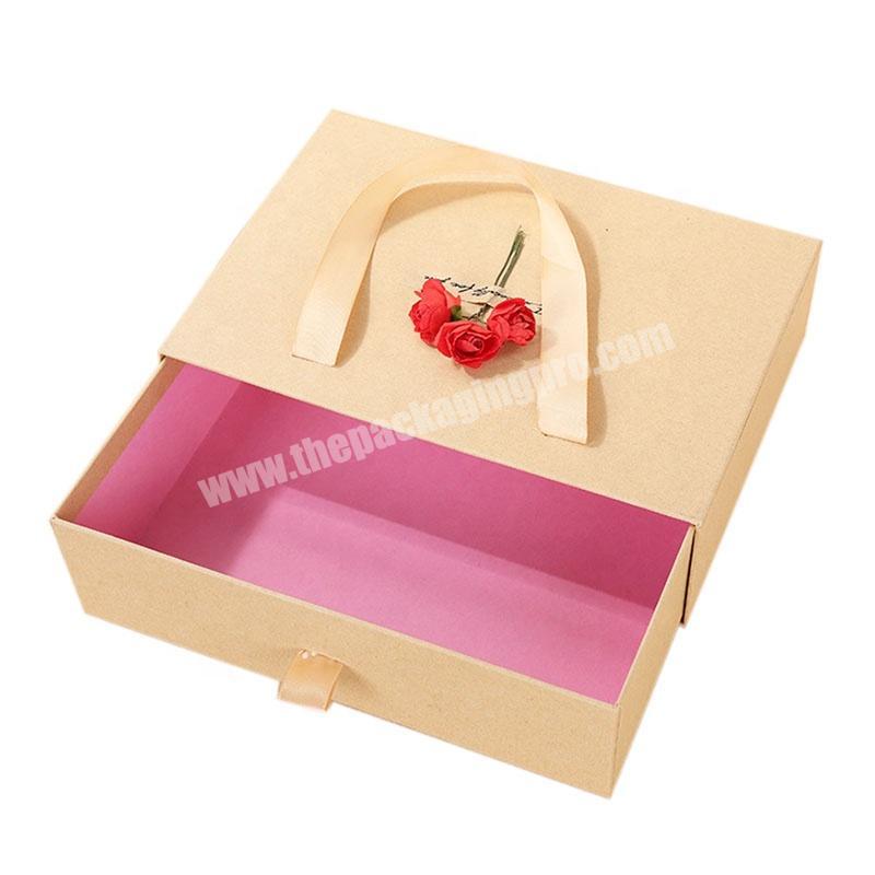 Custom Sliding Drawer Kraft Paper Cardboard Gift Hair Extension Paper Packaging Boxes With Ribbon Handles