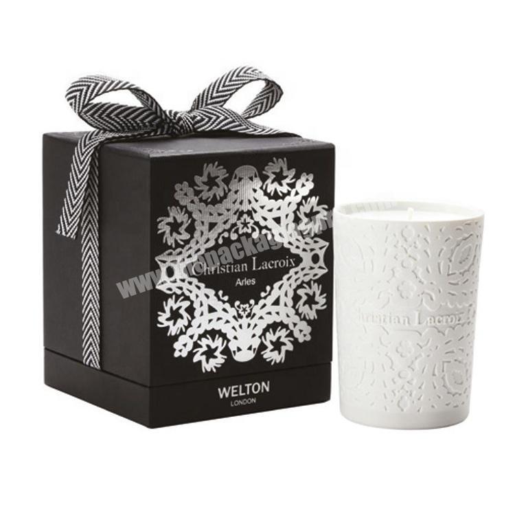 custom square luxury black paper candle jar box with nice silver foiled logo