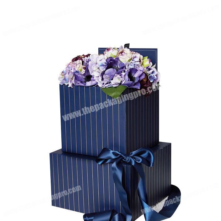 Custom Stripe Printing Deluxe Rigid Lift Off Cube Flower Gift Box Packaging