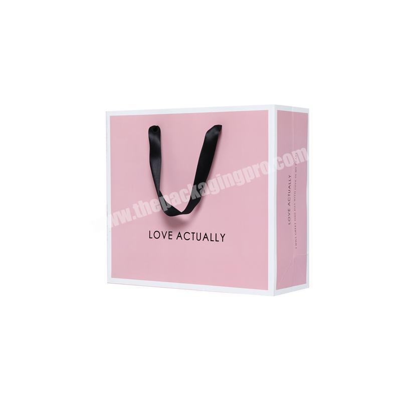 Custom Sweet Packaging Paper Bag Pink Clothes Flat Shopping Bag with Logo Printed Luxury Carrier Craft Gift Bag for Christmas