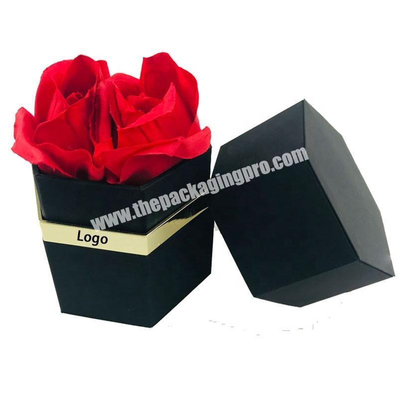 Custom unique design black soft touch paper hexagon shape eternal rose packaging shoulder neck flower box