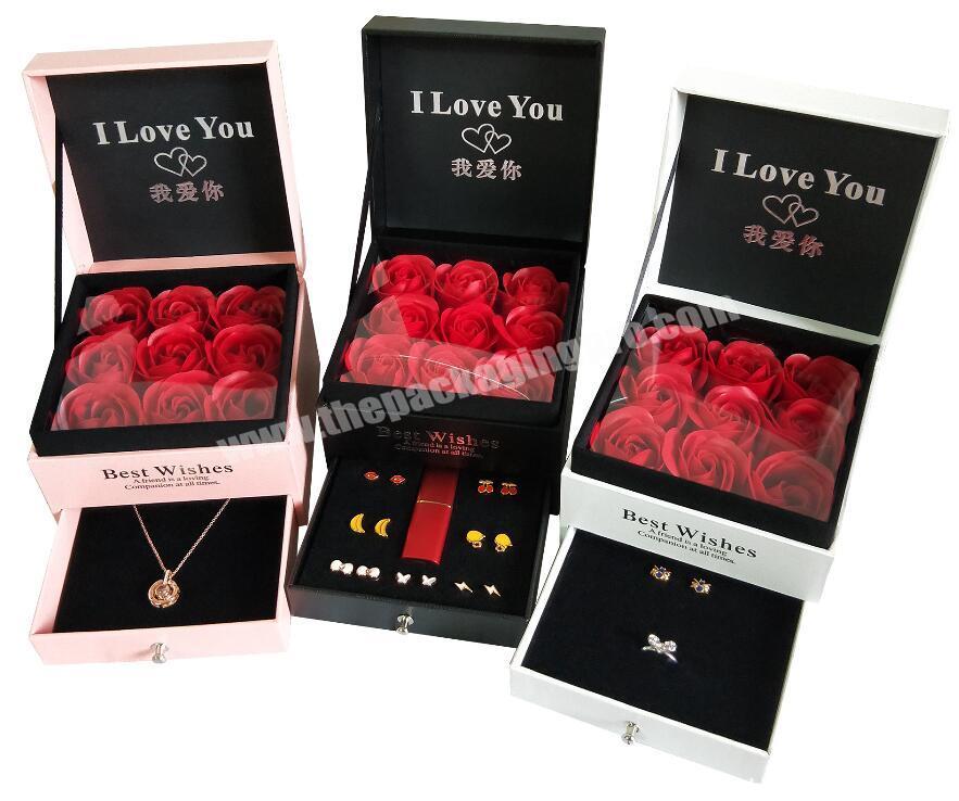 Custom Valentine'S Day Luxury Rose Flower Gift Box Lipstick Lip Gloss Necklace Jewelry Packaging Boxes With Drawer