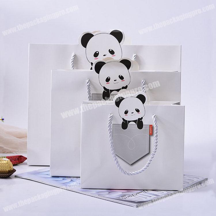 Custom White cheap carton cute panda white paper carrier bag for gift or kids cloth toy package