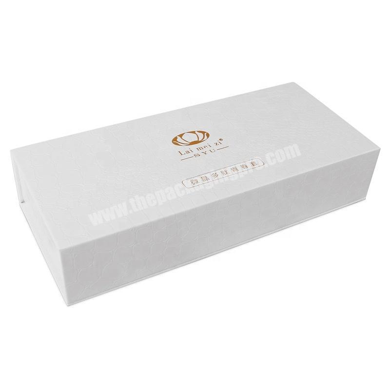 custom white color texture effect surface finish shiny gold goil logo rigid cardboard magnetic closure boxes with eva insert